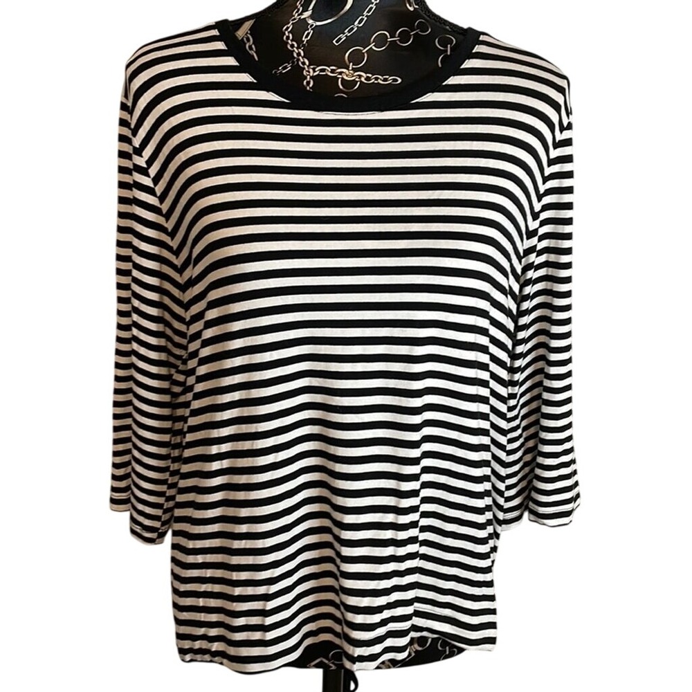 Black Tape Striped Tie Back‎ Top Black White 3/4 Sleeve Large Mixed Stripe Knit